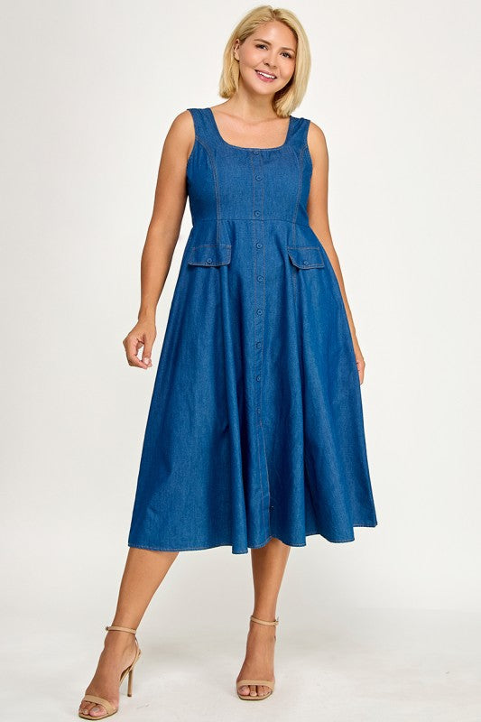 D5846X Plus Button-Front Denim Midi Overall Dress