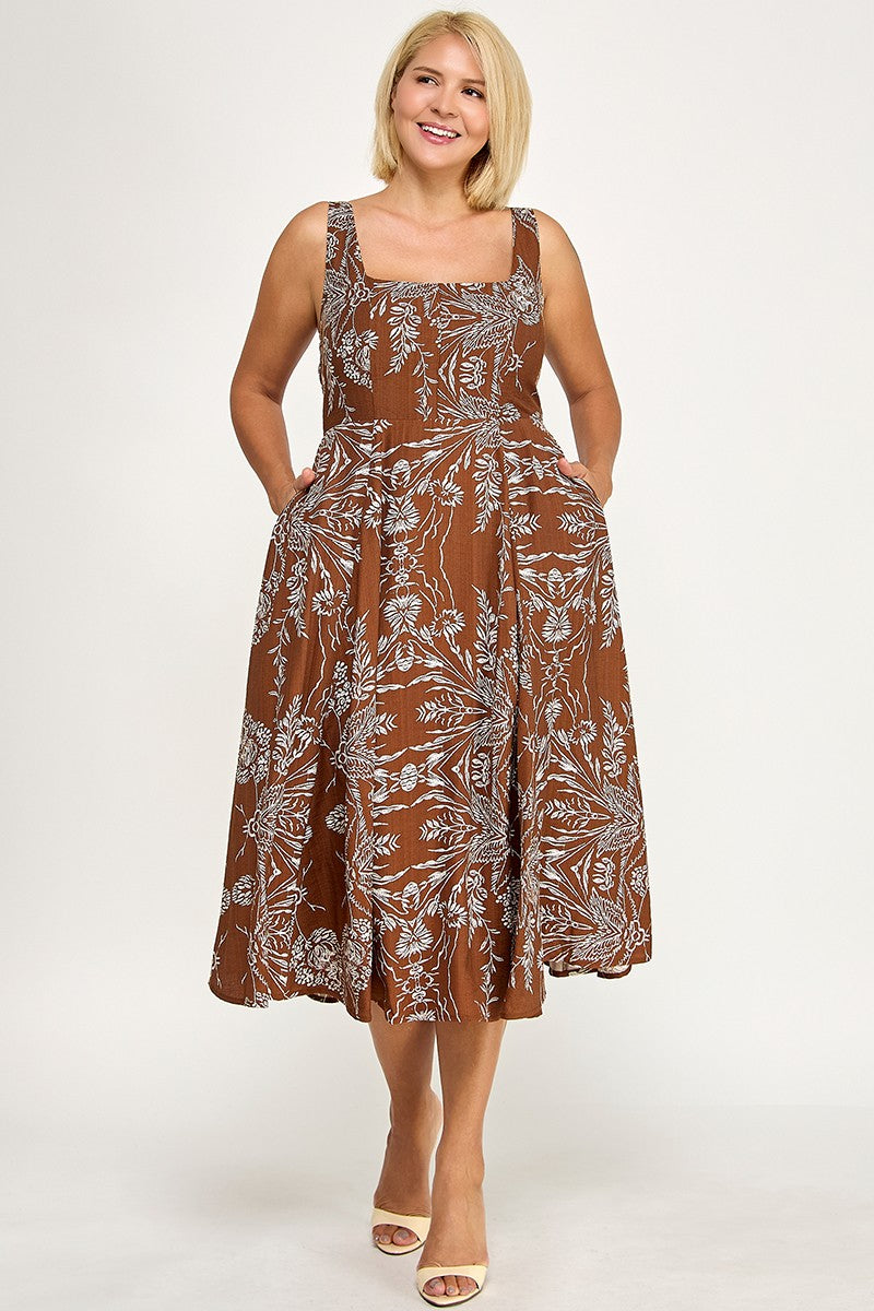 D5421SX-5 Plus Floral Square Neck Midi Dress