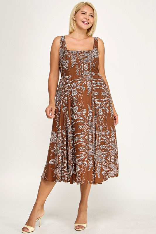 D5421SX-5 Plus Floral Square Neck Midi Dress