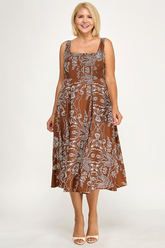 D5421SX-5 Plus Floral Square Neck Midi Dress