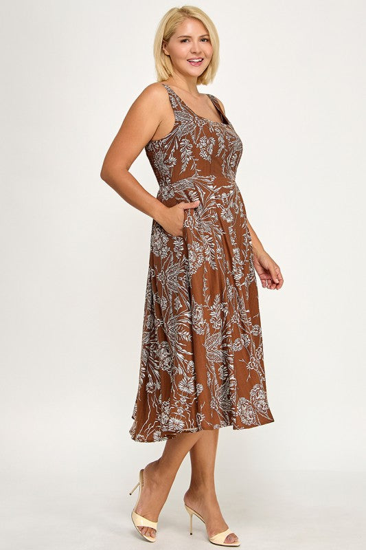 D5421SX-5 Plus Floral Square Neck Midi Dress