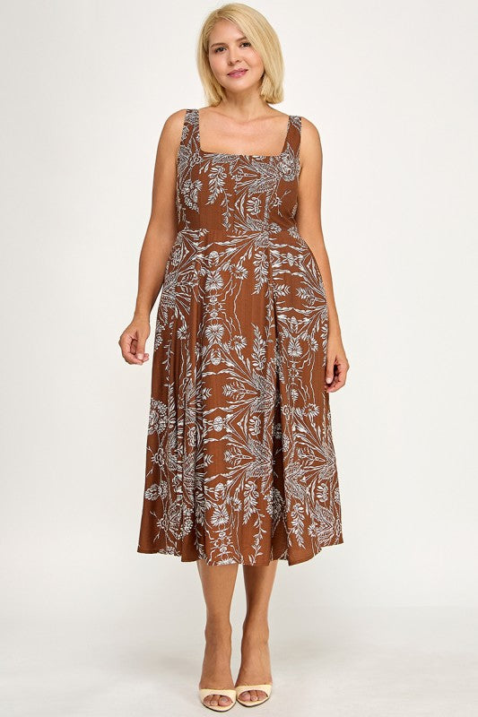 D5421SX-5 Plus Floral Square Neck Midi Dress