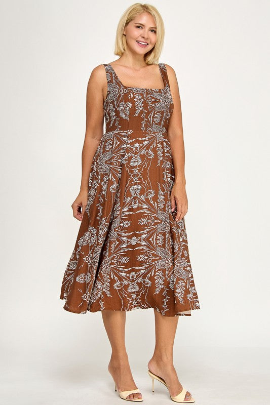 D5421SX-5 Plus Floral Square Neck Midi Dress