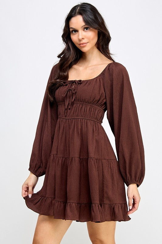 D5085-1 Front Tie Detailed Shirring Tiered Dress