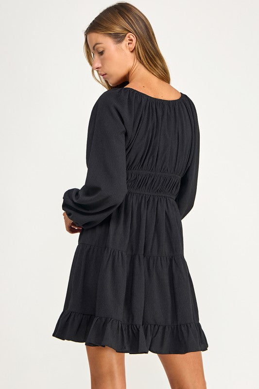 D5085-1 Front Tie Detailed Shirring Tiered Dress
