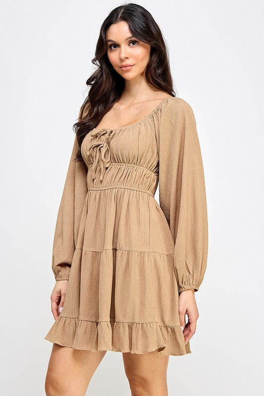 D5085-1 Front Tie Detailed Shirring Tiered Dress