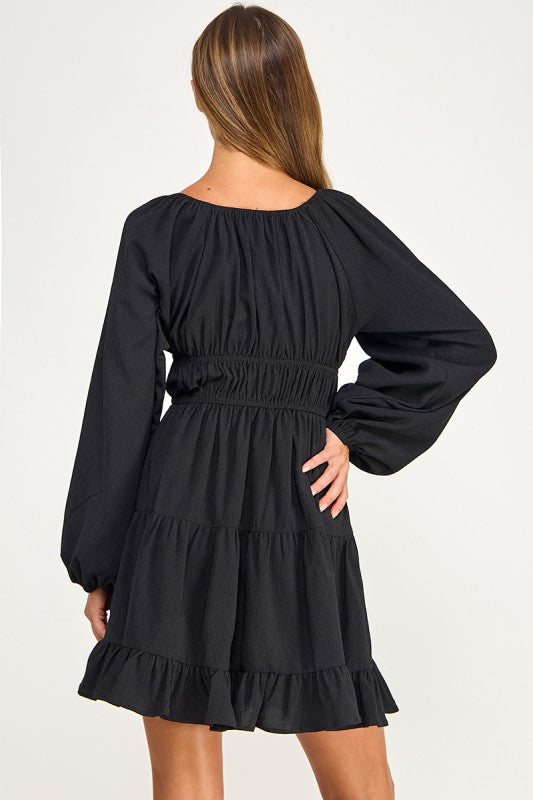 D5085-1 Front Tie Detailed Shirring Tiered Dress