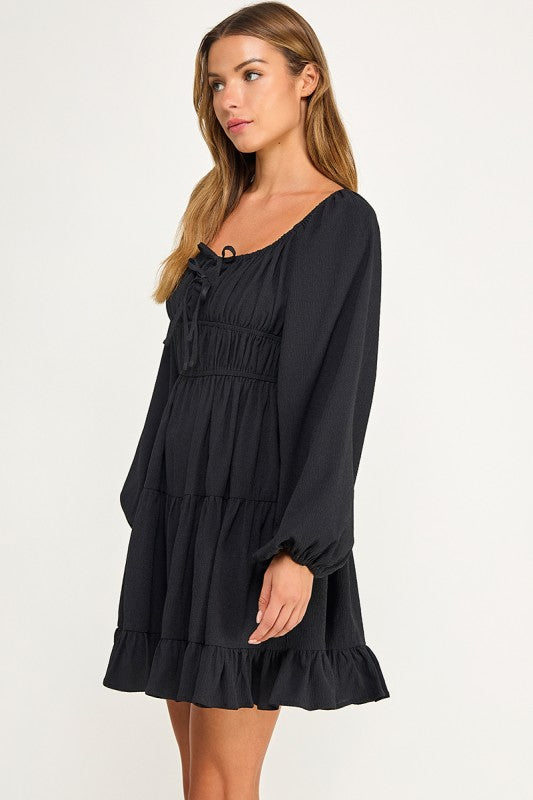 D5085-1 Front Tie Detailed Shirring Tiered Dress