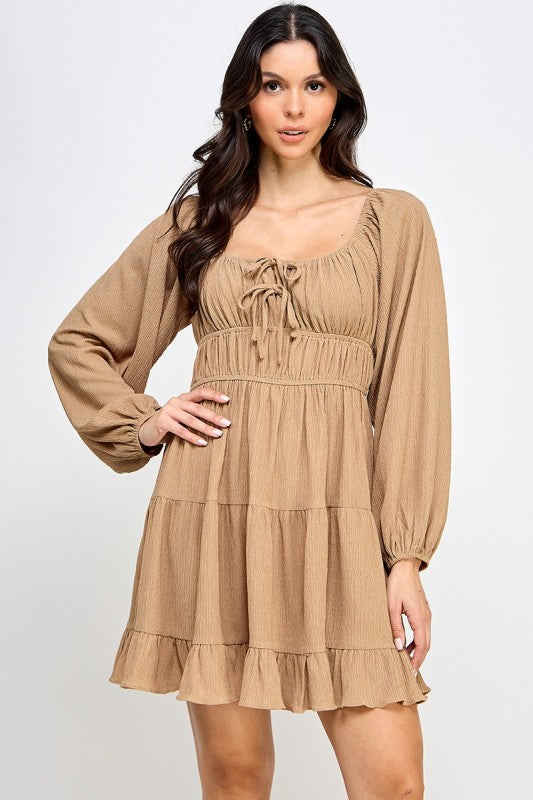 D5085-1 Front Tie Detailed Shirring Tiered Dress
