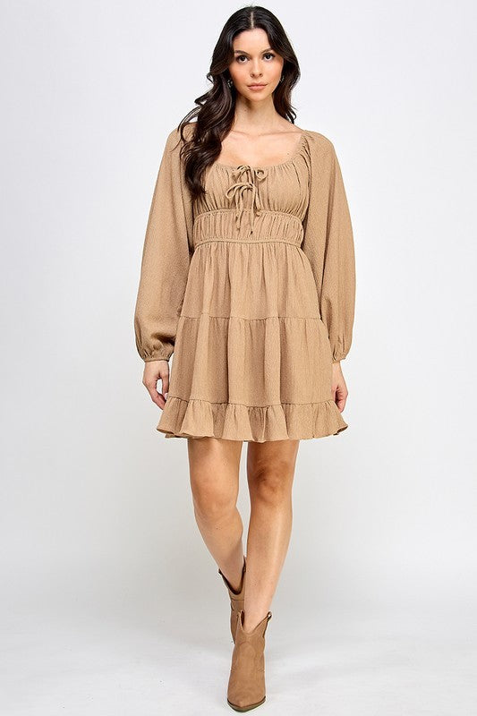 D5085-1 Front Tie Detailed Shirring Tiered Dress
