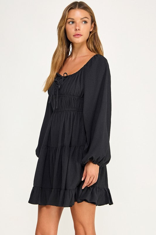 D5085-1 Front Tie Detailed Shirring Tiered Dress