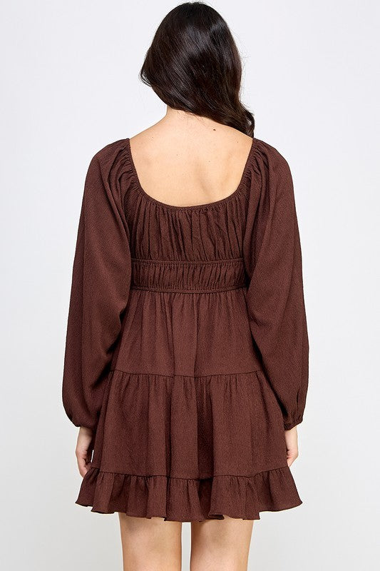 D5085-1 Front Tie Detailed Shirring Tiered Dress