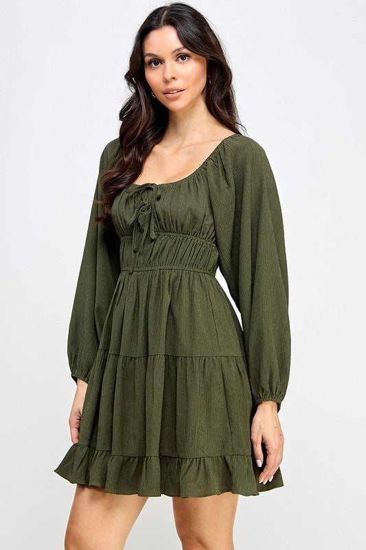 D5085-1 Front Tie Detailed Shirring Tiered Dress