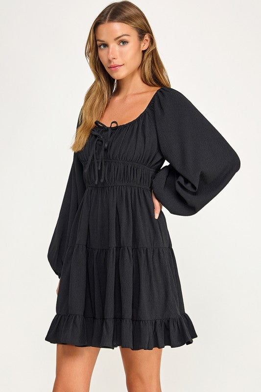 D5085-1 Front Tie Detailed Shirring Tiered Dress