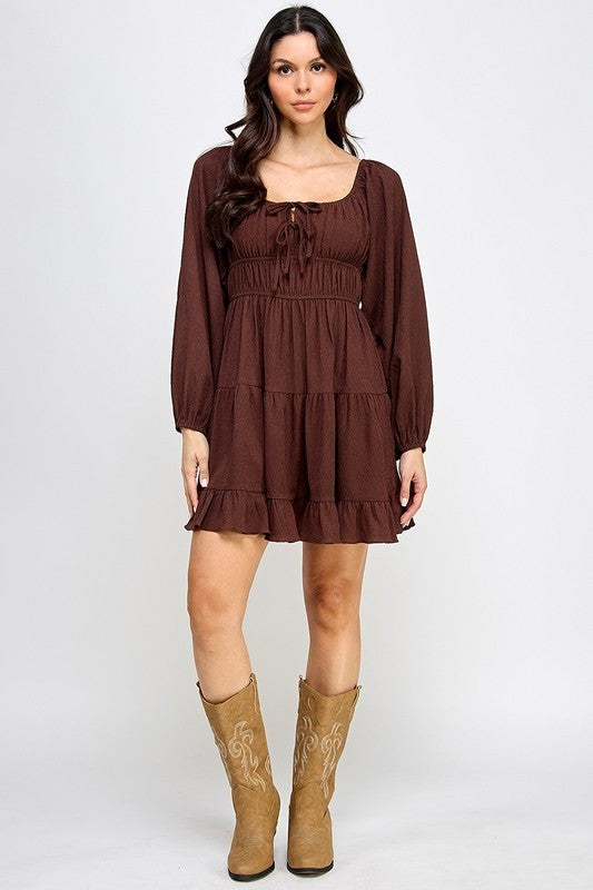 D5085-1 Front Tie Detailed Shirring Tiered Dress