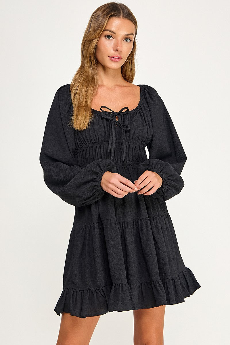 D5085-1 Front Tie Detailed Shirring Tiered Dress