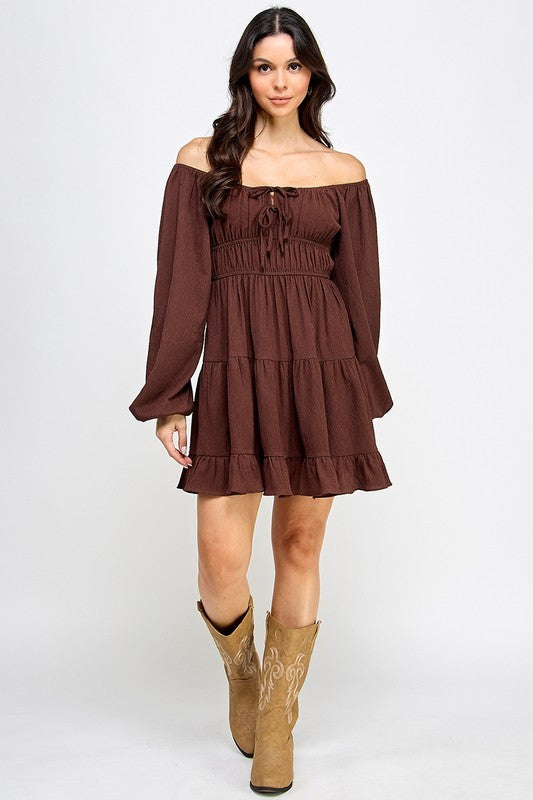 D5085-1 Front Tie Detailed Shirring Tiered Dress