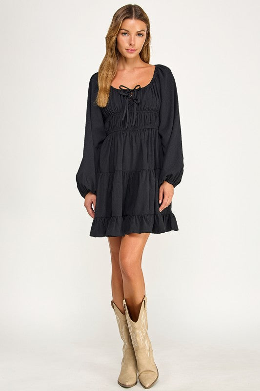 D5085-1 Front Tie Detailed Shirring Tiered Dress
