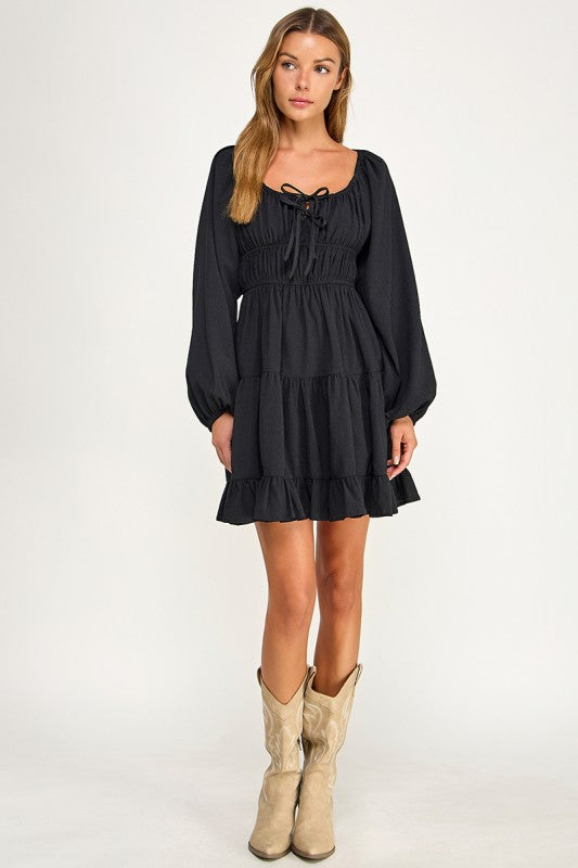 D5085-1 Front Tie Detailed Shirring Tiered Dress