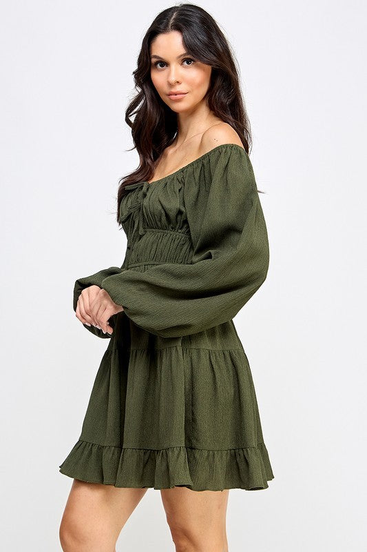 D5085-1 Front Tie Detailed Shirring Tiered Dress