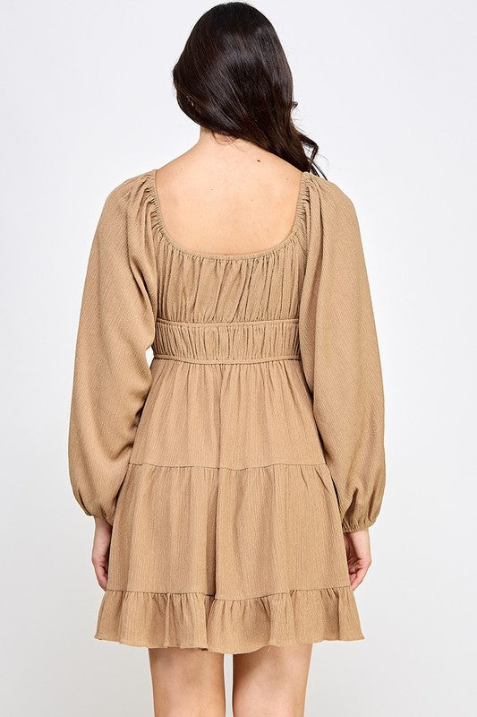 D5085-1 Front Tie Detailed Shirring Tiered Dress