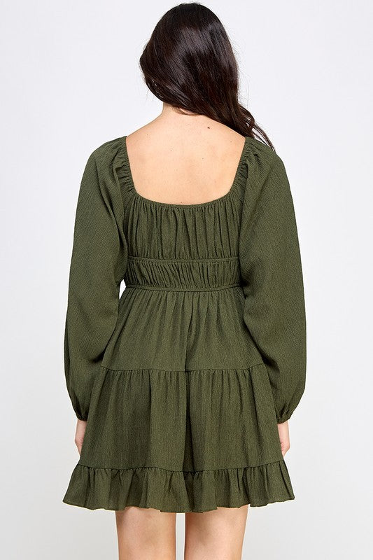 D5085-1 Front Tie Detailed Shirring Tiered Dress