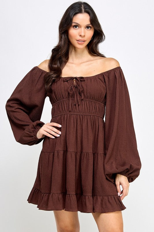 D5085-1 Front Tie Detailed Shirring Tiered Dress
