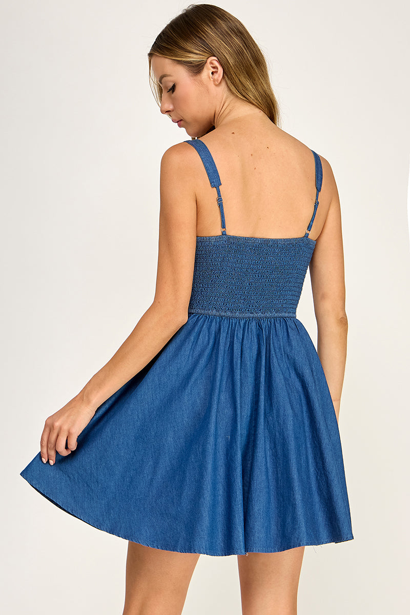 D5730 Drawstring Sweetheart Neck Denim Mini Dress