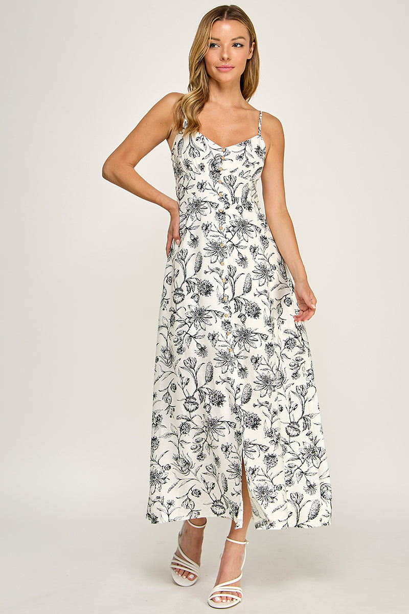 Woman wearing a floral dress on a white background