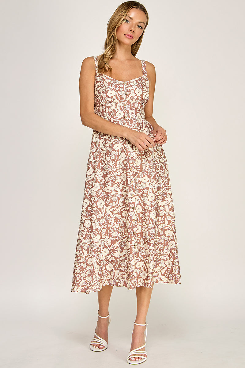 D5696 Floral Button Detail V-neck Midi Dress