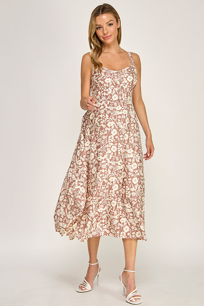 D5696 Floral Button Detail V-neck Midi Dress