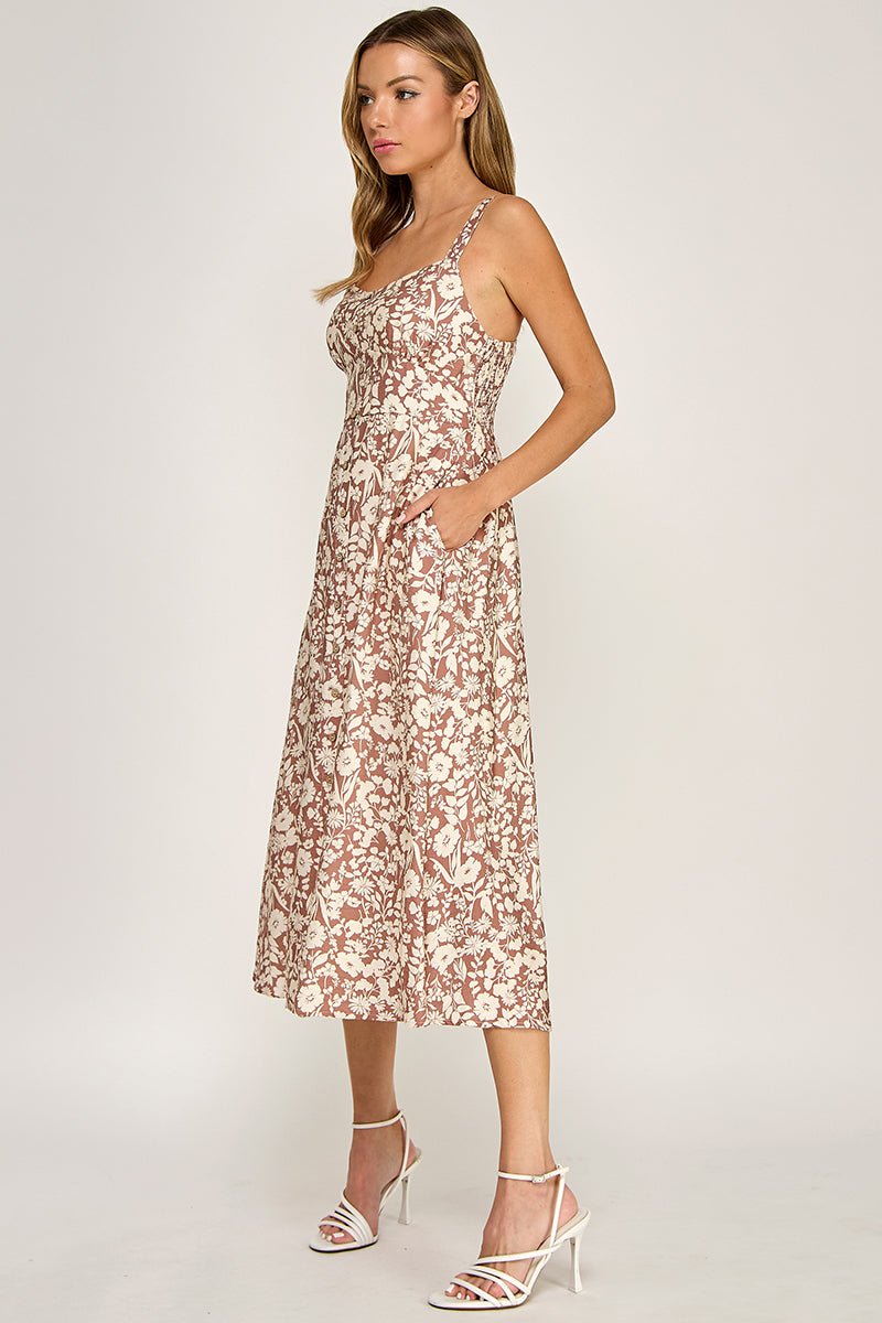 D5696 Floral Button Detail V-neck Midi Dress