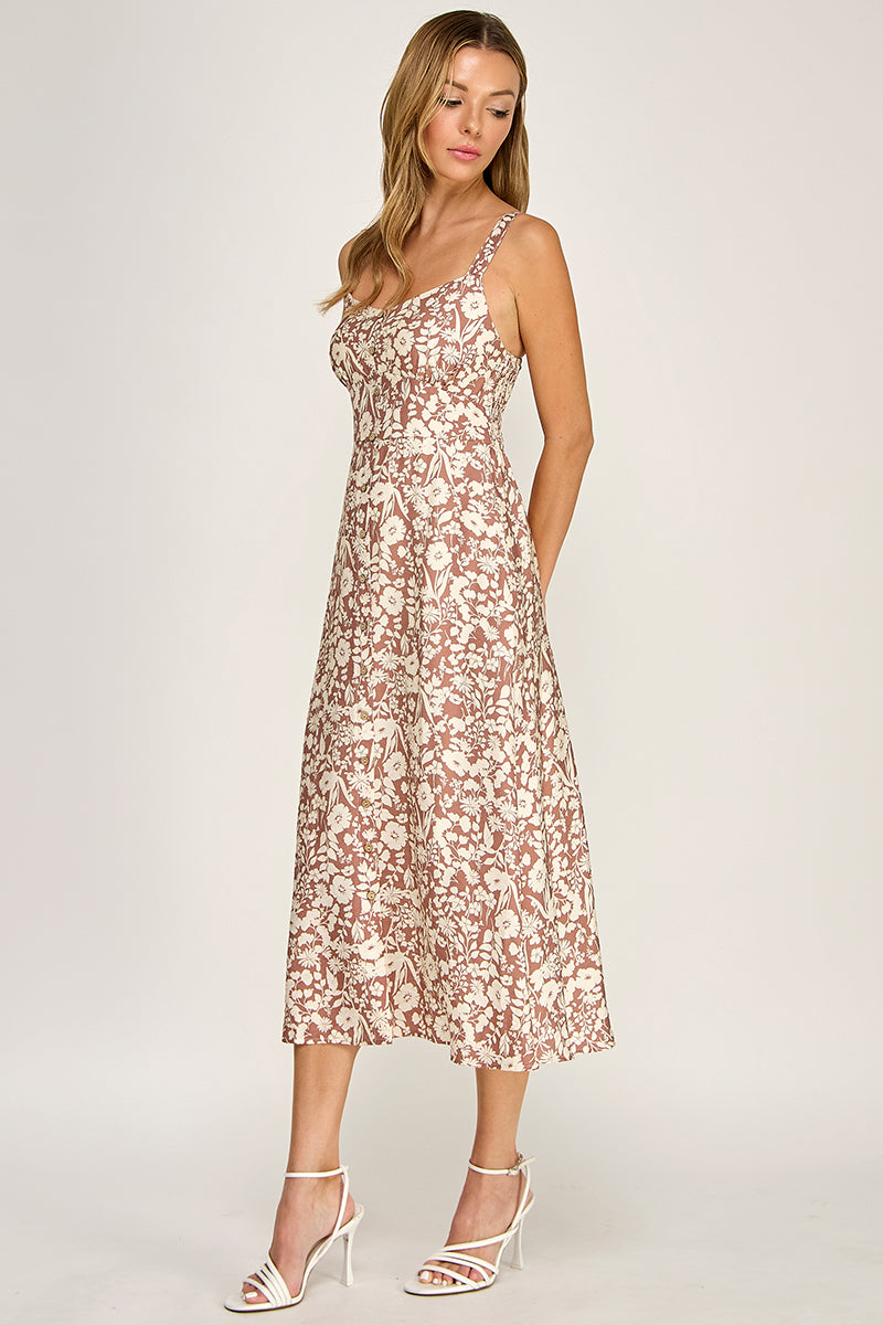 D5696 Floral Button Detail V-neck Midi Dress