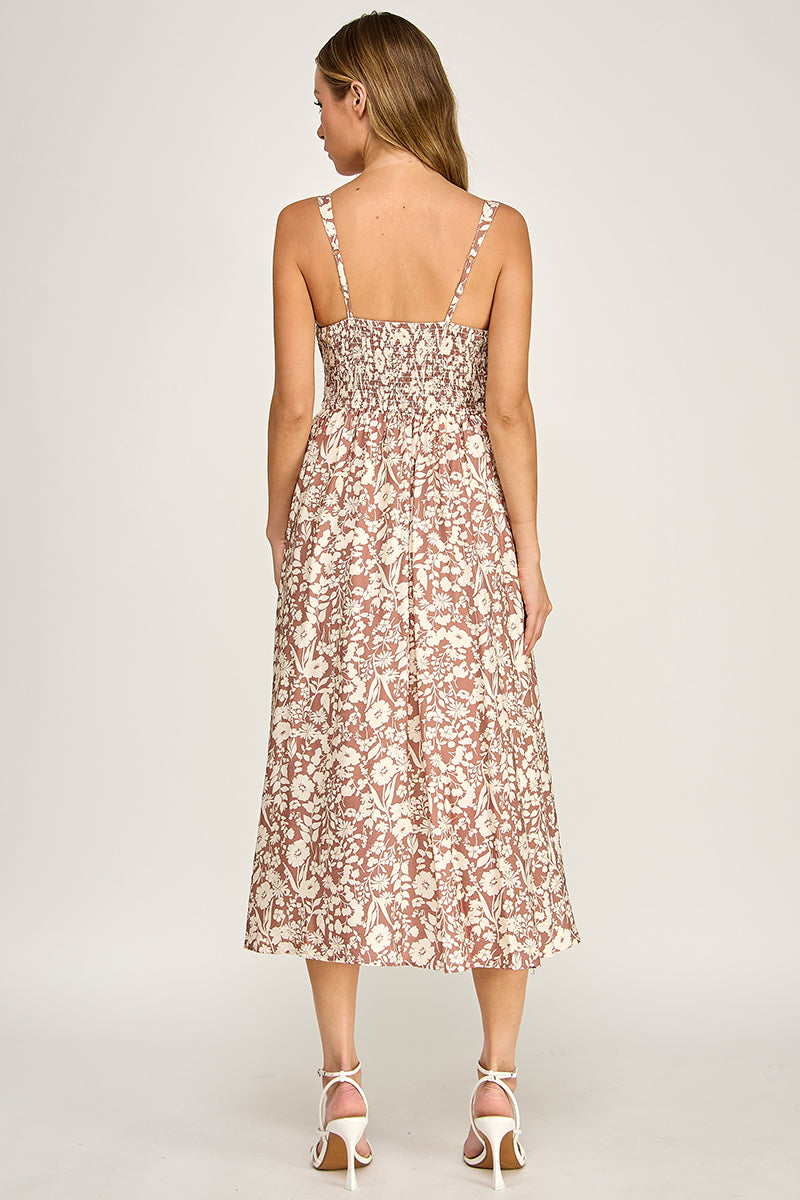 D5696 Floral Button Detail V-neck Midi Dress