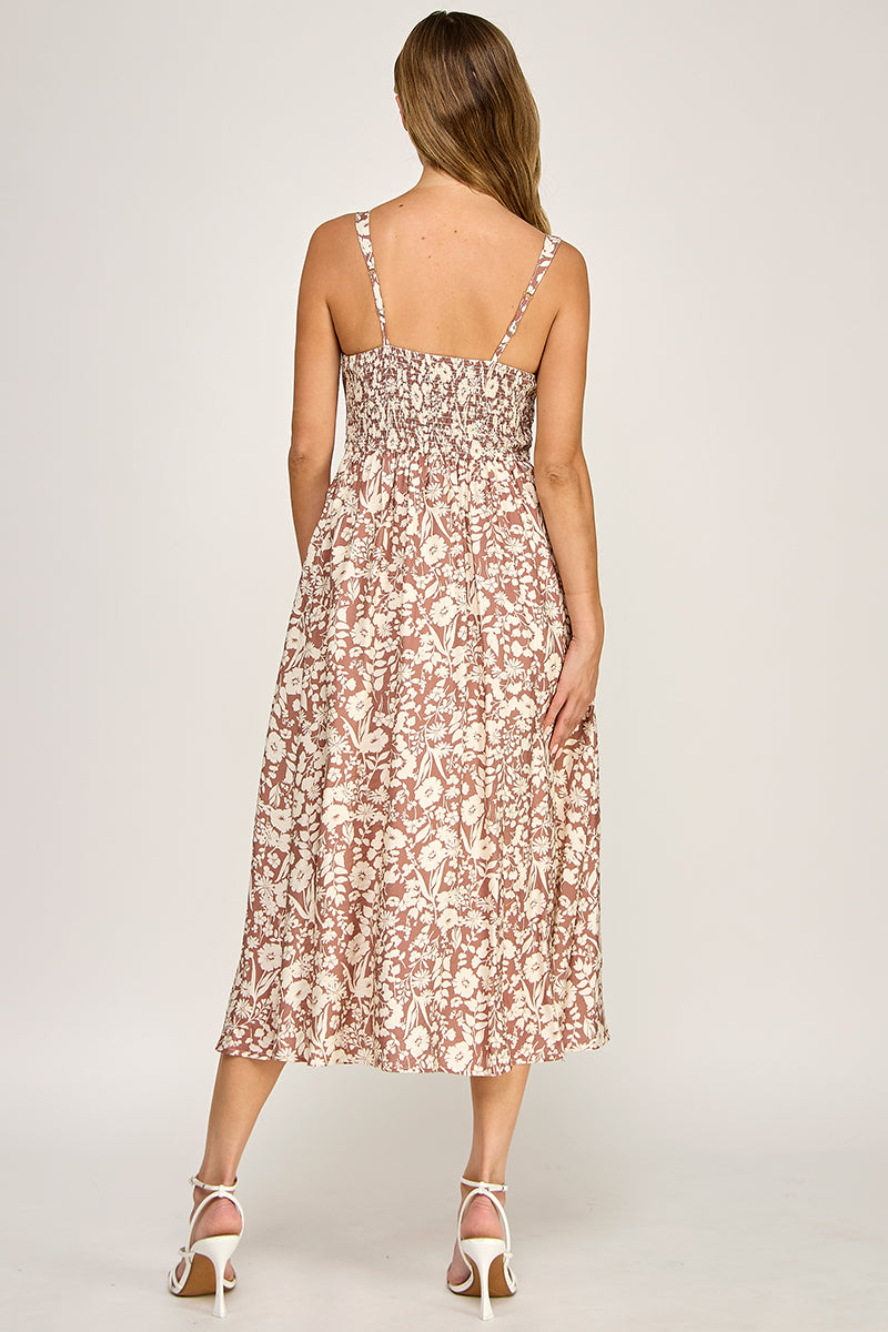 D5696 Floral Button Detail V-neck Midi Dress