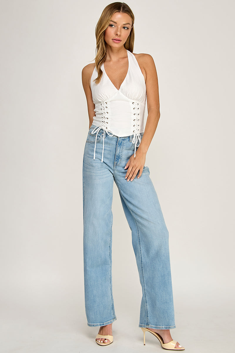 T5640-1 Solid Halter Lace Up Crop Top