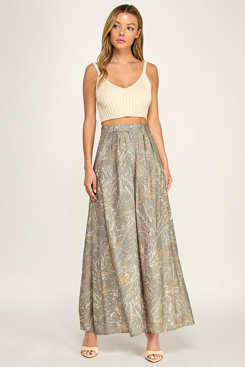 P5237-2 Leaf Print Wide Leg Pants