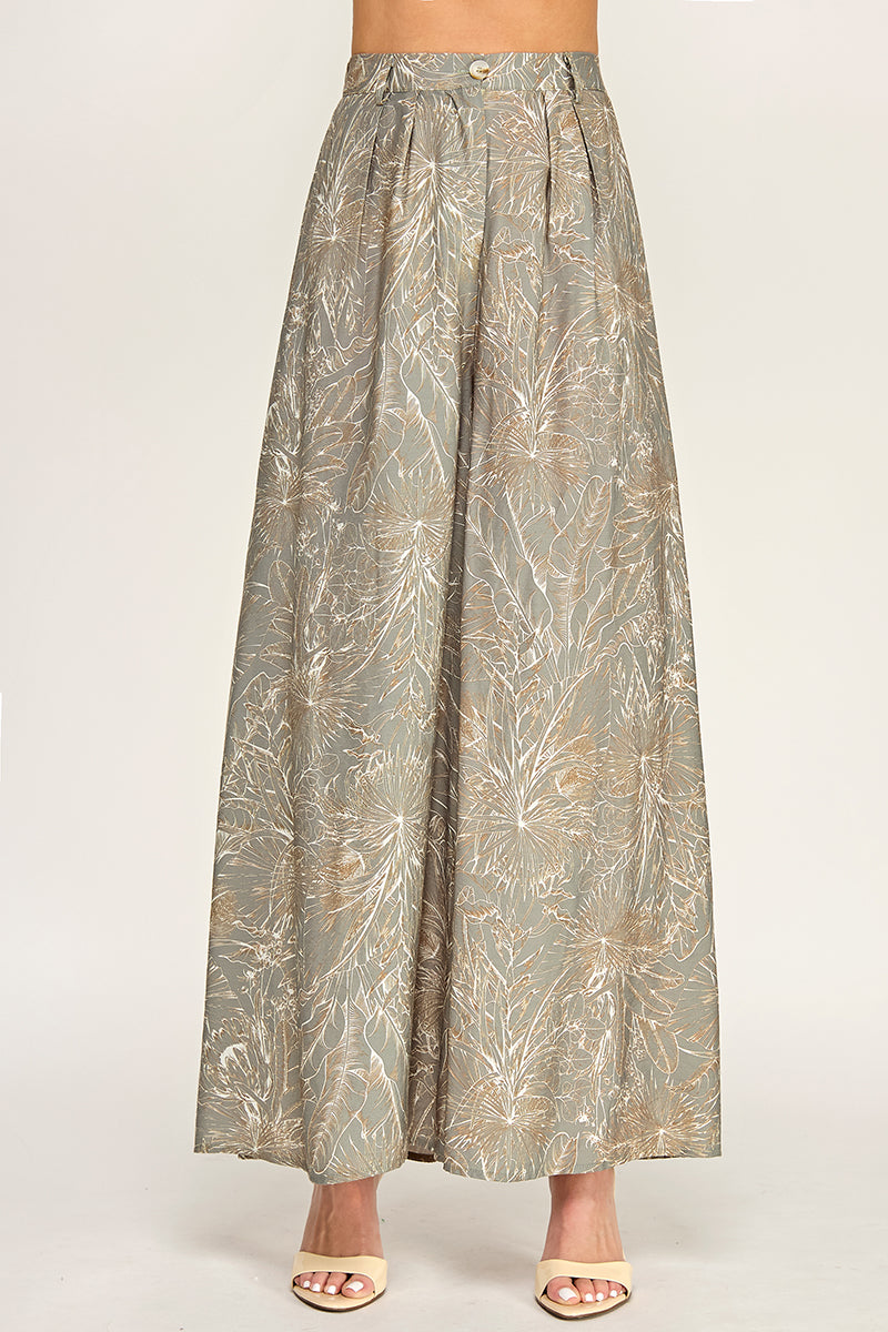 P5237-2 Leaf Print Wide Leg Pants