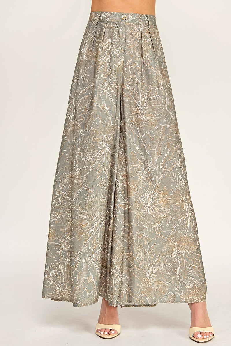 P5237-2 Leaf Print Wide Leg Pants
