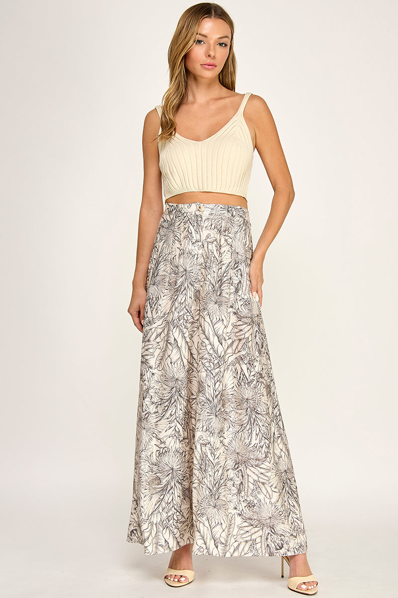 P5237-2 Leaf Print Wide Leg Pants