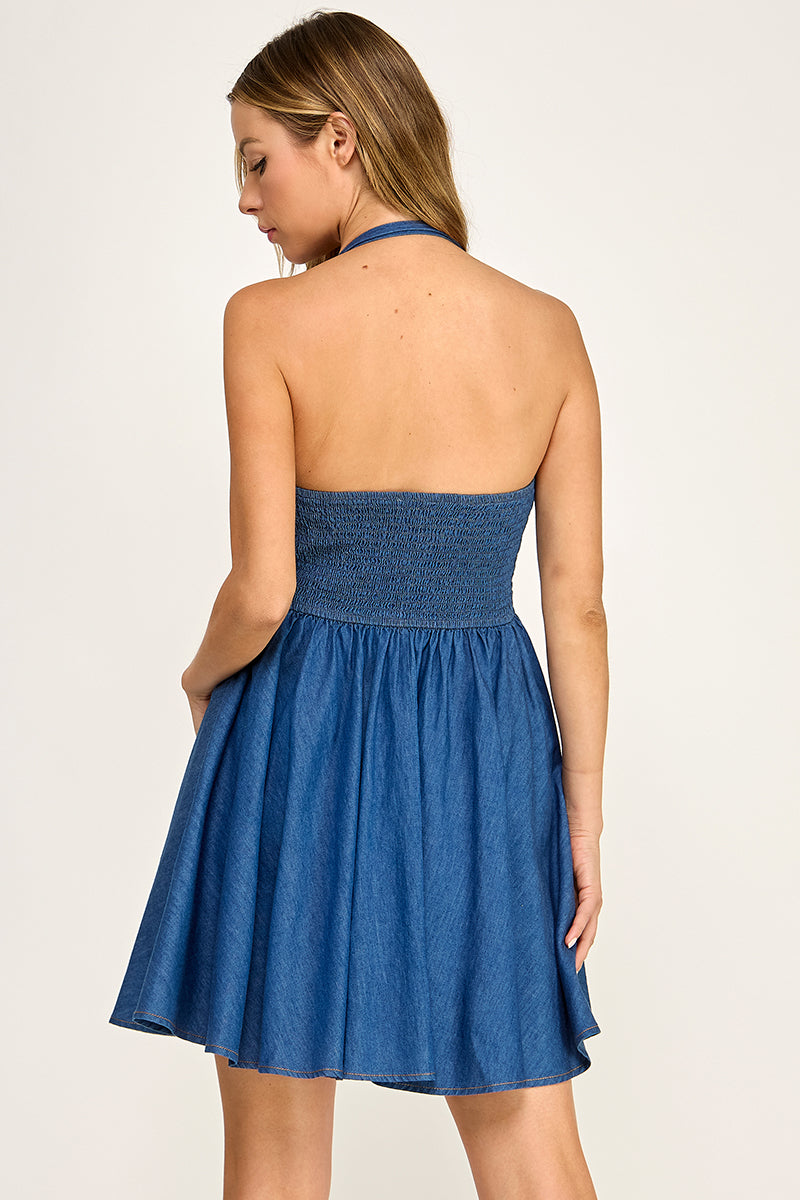 D5726 Belted Halter Denim Mini Dress