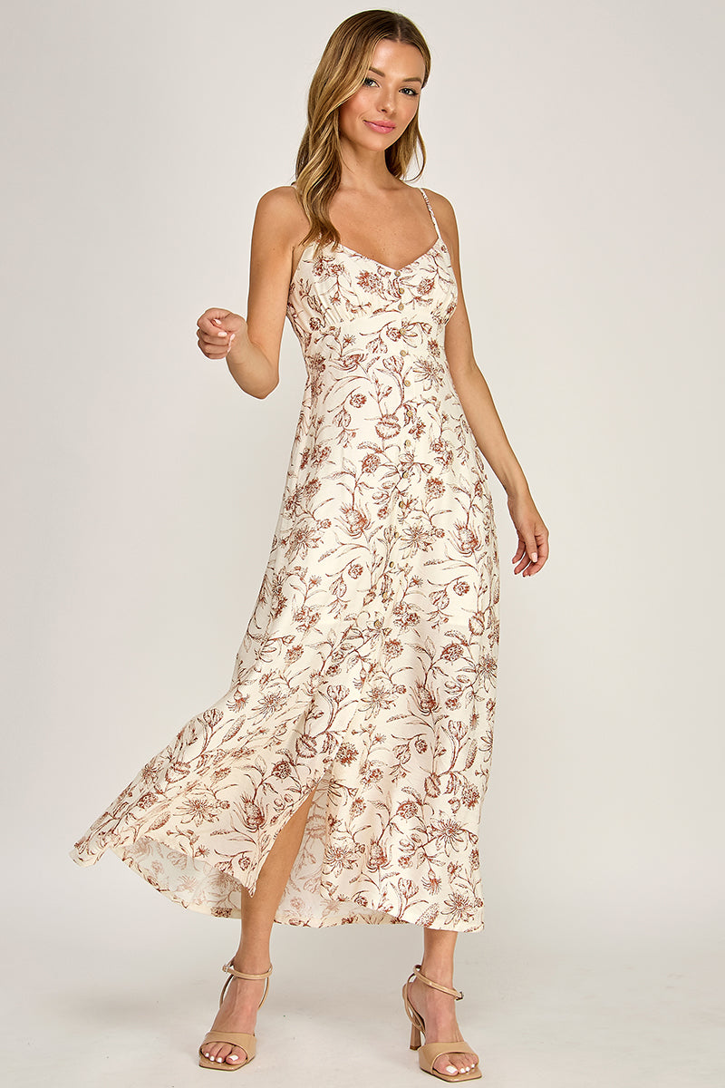 Woman wearing a floral dress on a white background