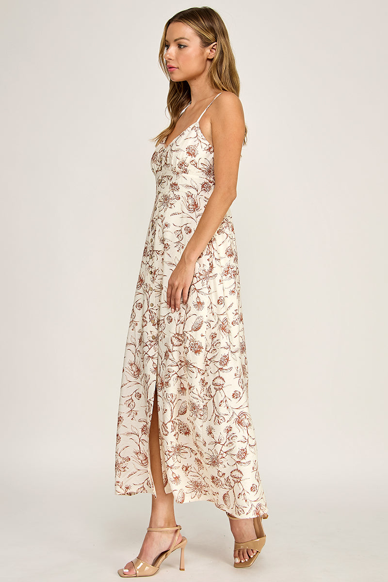 Woman wearing a floral dress on a white background