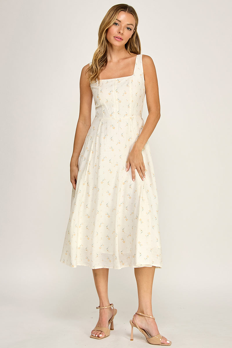 D5421S-4 Floral Square Neck Midi Dress