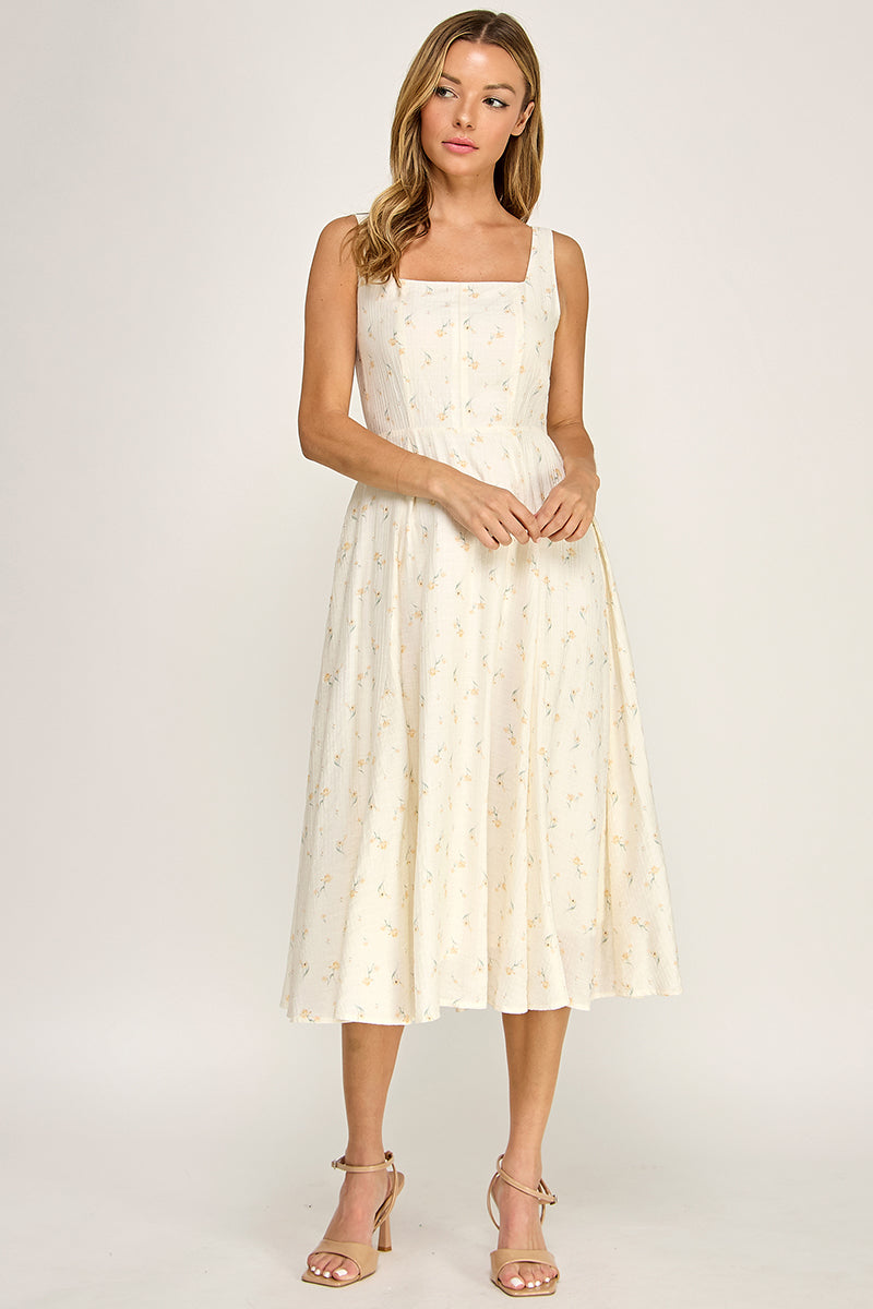 D5421S-4 Floral Square Neck Midi Dress