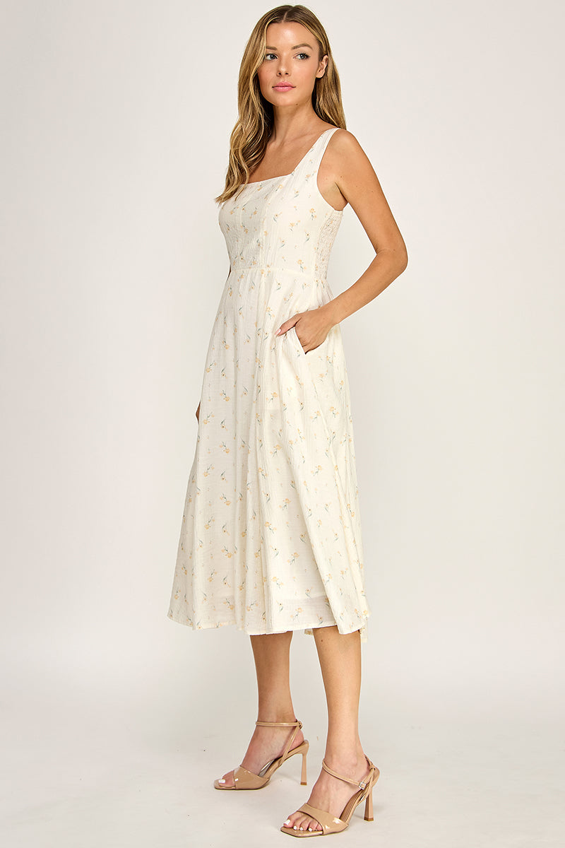 D5421S-4 Floral Square Neck Midi Dress