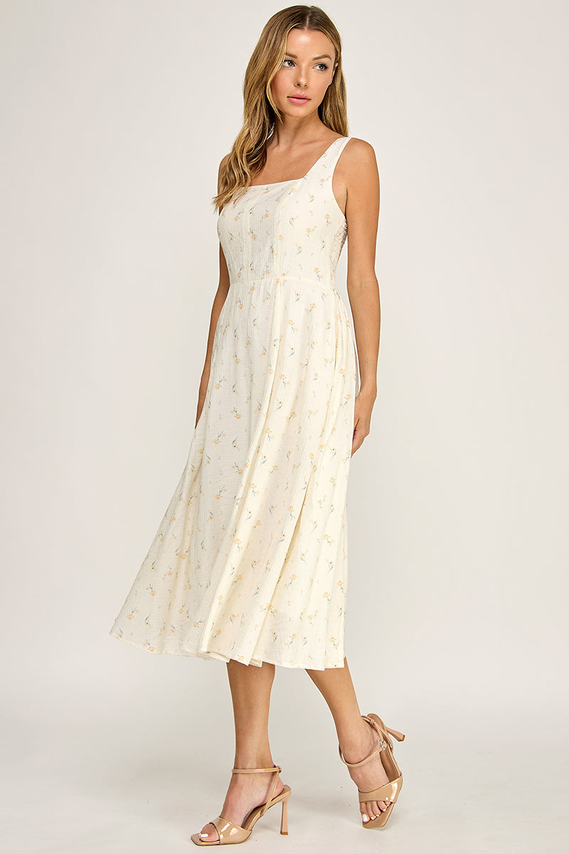 D5421S-4 Floral Square Neck Midi Dress