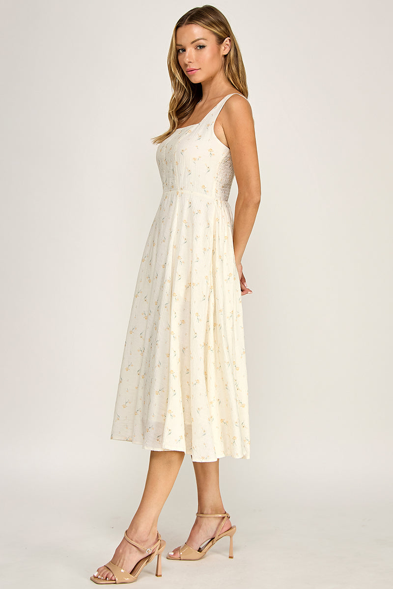 D5421S-4 Floral Square Neck Midi Dress