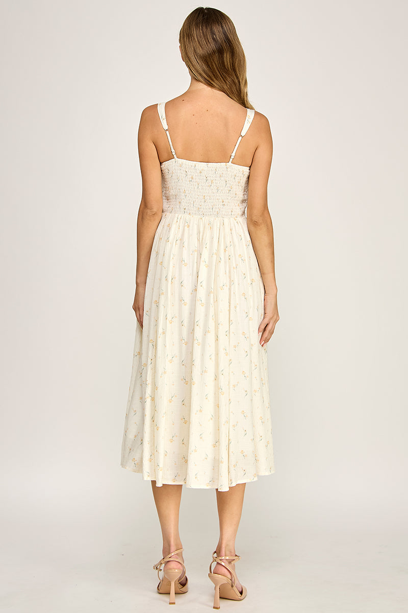 D5421S-4 Floral Square Neck Midi Dress