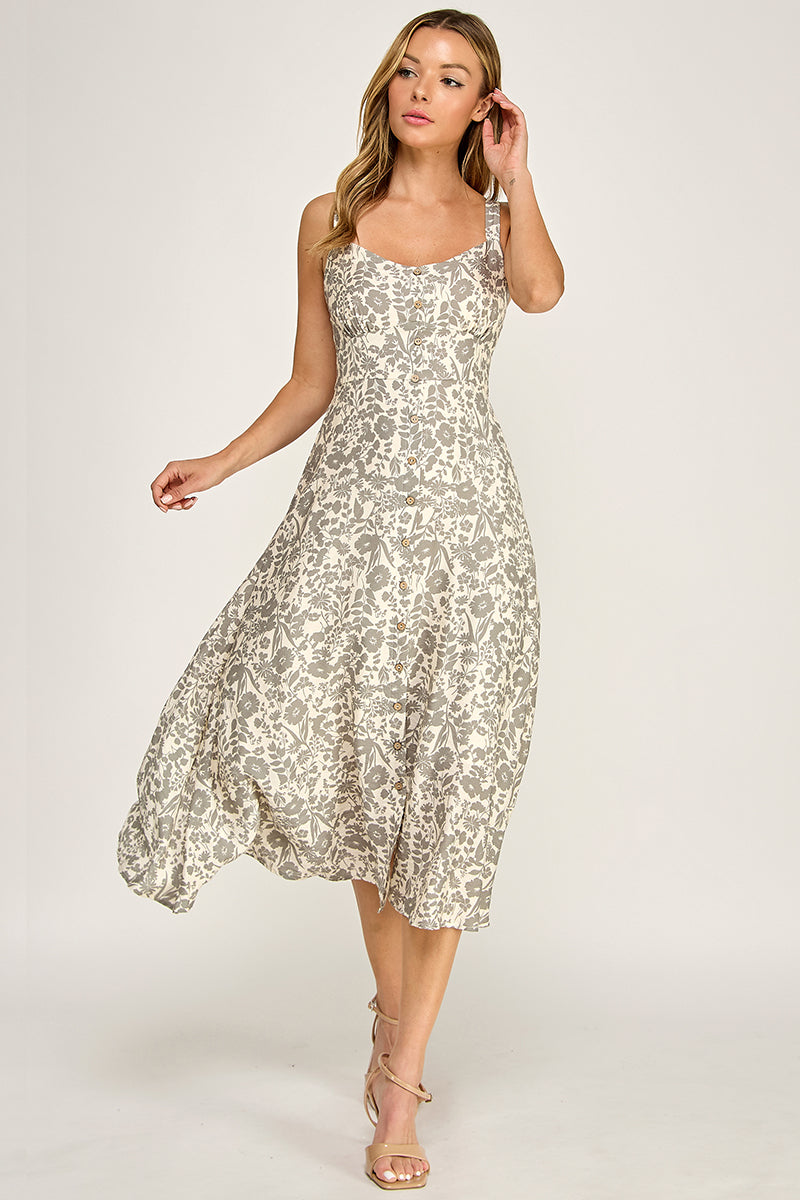 D5696 Floral Button Detail V-neck Midi Dress